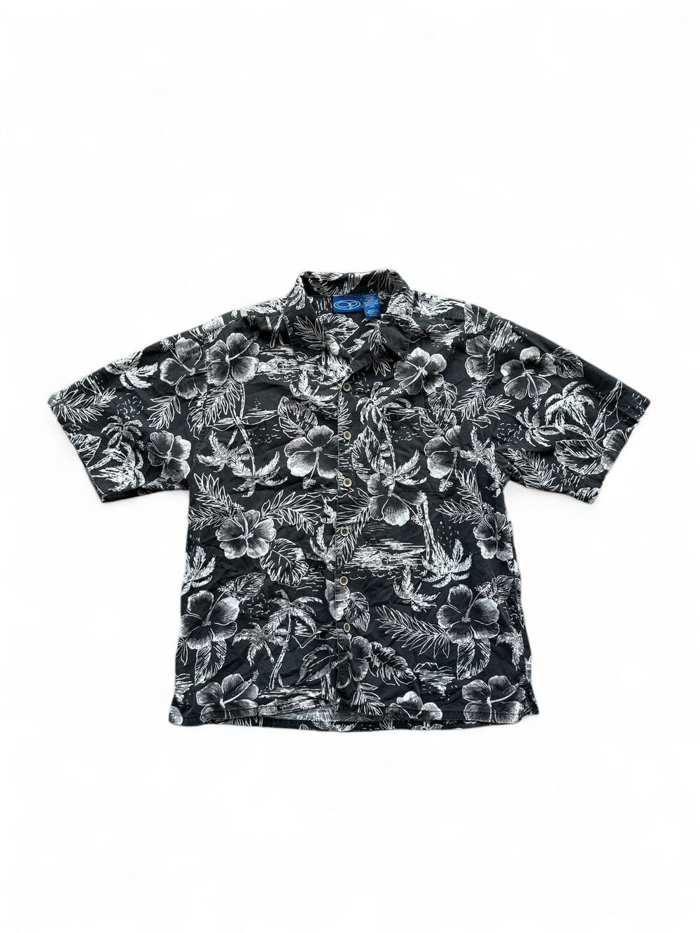 Ocean Pacific OP Men's Size M Black White Floral Tropical Short Sleeve Button Do
